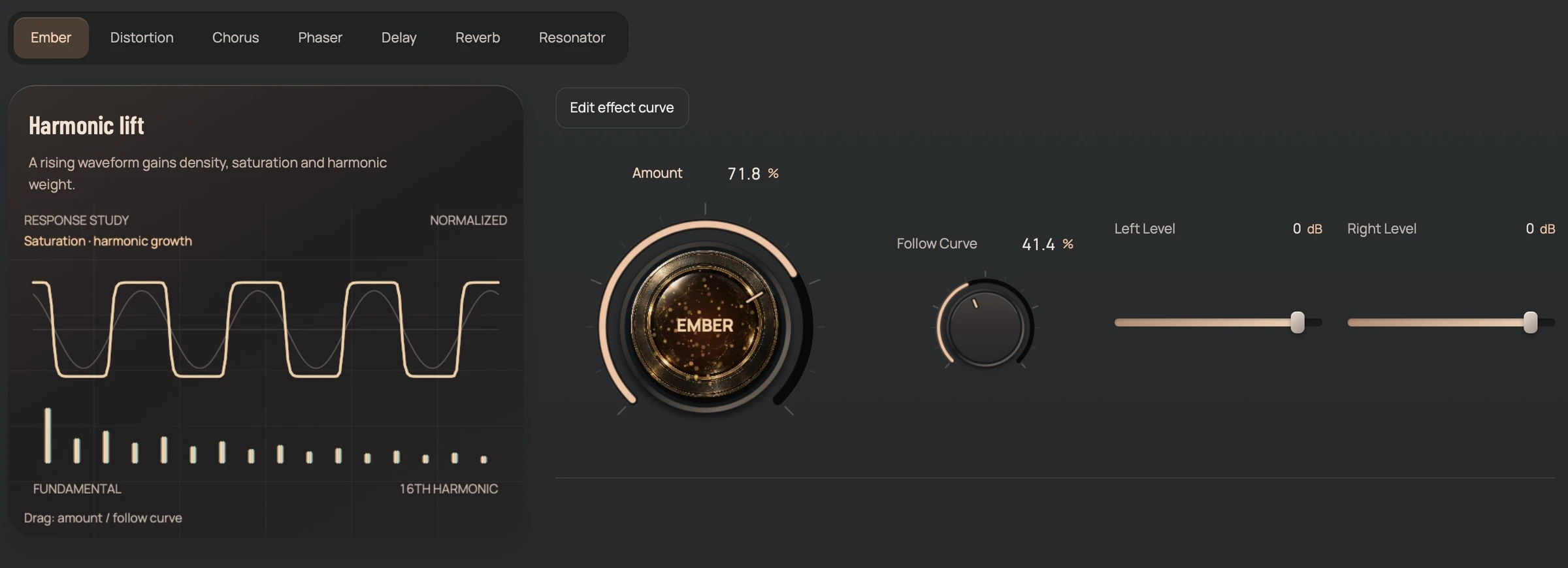 Native Effects editor: the larger illuminated Ember control, curve modulation and independent left and right levels