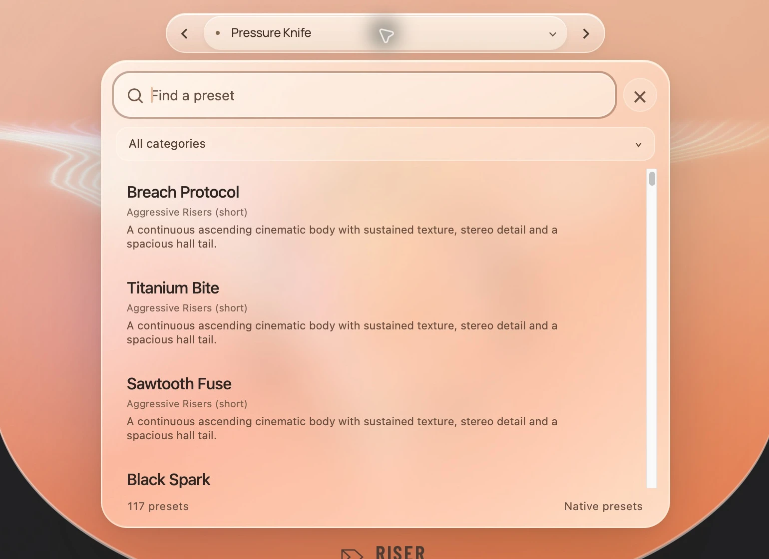 The native Riser Studio translucent preset browser with search, category selection and editable factory and user presets