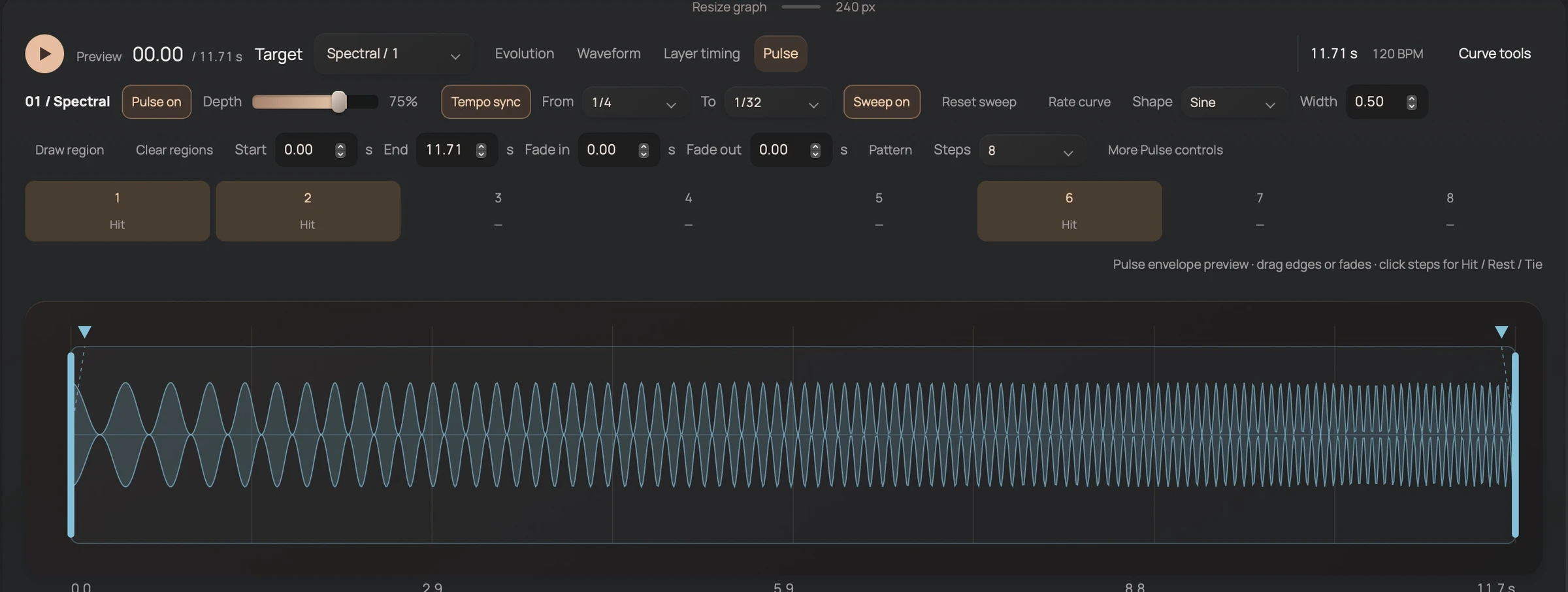 Native Pulse editor with a one-quarter to one-thirty-second rate sweep, timed region and editable step pattern