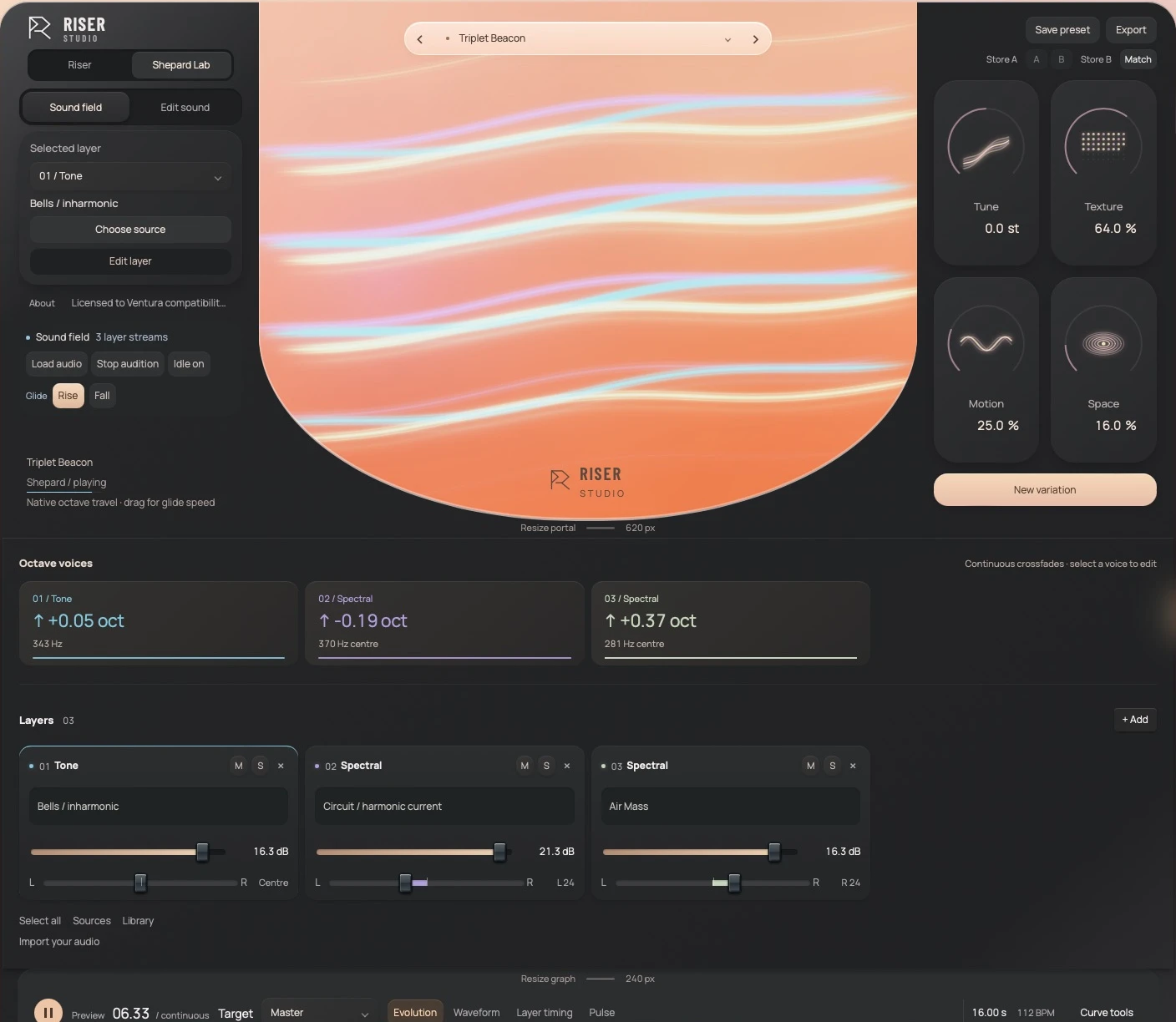 Native Shepard Lab playing in the VST3 editor: coloured octave bands, live voice direction readouts and independent layers
